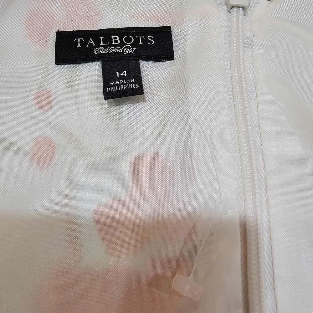 Talbots Fit and Flare Dress 14 Cream Orange Floral 100% Silk Surplice V-Neck - Picture 6 of 7